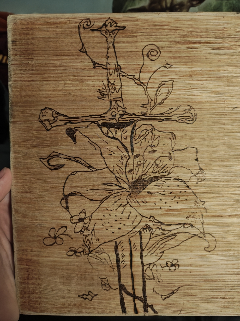 Hand-Burned Floral Cross Wall Art - Natural Wood